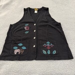 Blue Cactus Womens Button Front Vest Large Black Cotton Southwestern Floral USA